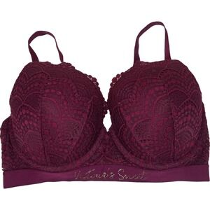 Victoria's Secret 34DD Push Up TShirt Full Coverage Bra Burgundy Red Floral Lace